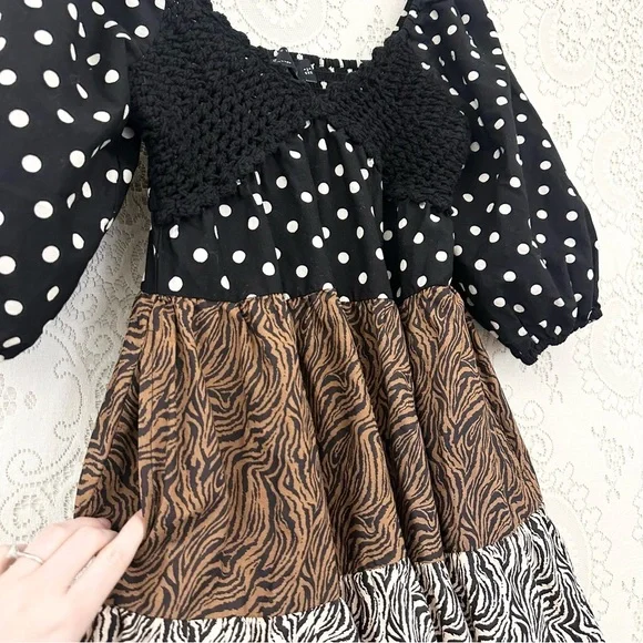 ASOS DESIGN crochet tiered babydoll mini dress in mixed animal - Picture 9 of 15